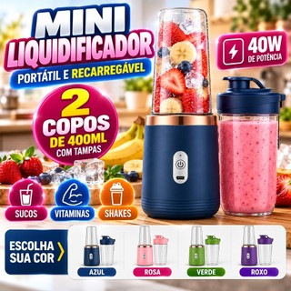 Mini Liquidificador Mixer Portátil C/ 2 Copos Recarregável USB 400ml 6 Lâminas Shake Sucos 40W
