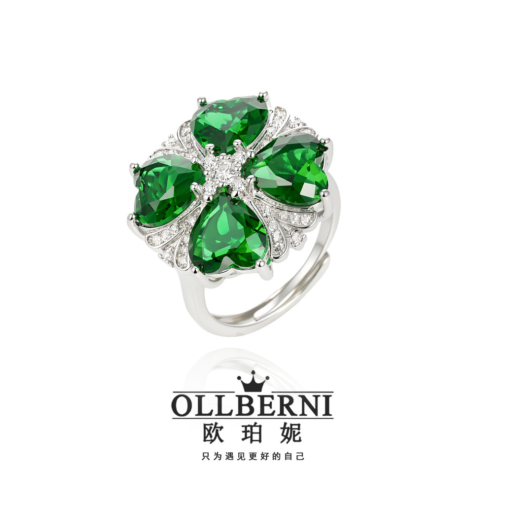 Anel de flor verde feminino trevo de quatro folhas forma diamante anel aberto moda anel exclusivo-7199-3