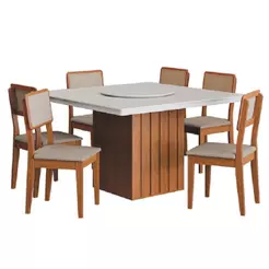 Conjunto Sala de Jantar Amsterdã New c/ Mesa Tampo Giratório 6 Cadeiras Santiago Madeirado/Off White