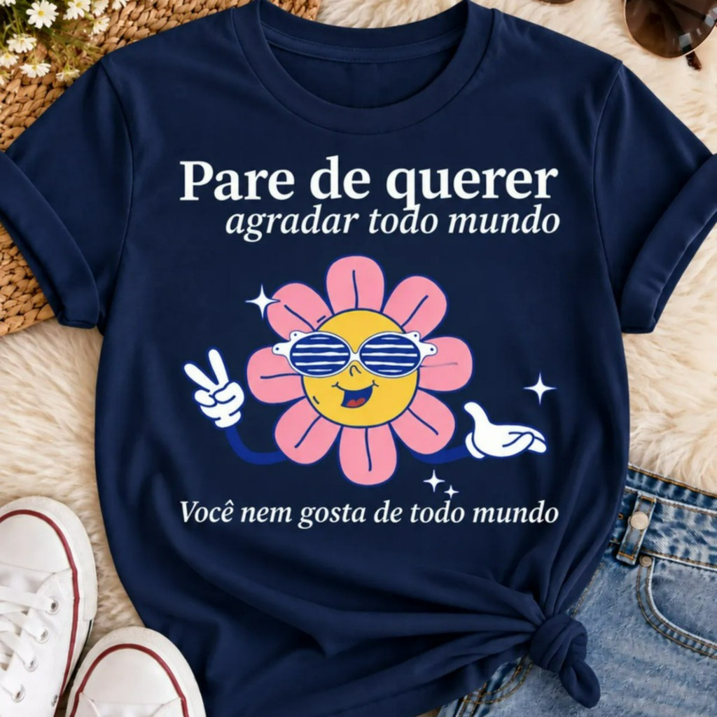Blusa Feminina T-Shirt Estampada Flor com Frase Engraçada Camiseta Algodão Confortável Moda Casual Tendência