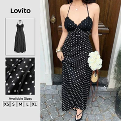 Lovito Vestido Feminino Elegante Retrô Anos 90 Com Blocos De Cores E Renda Preto Para Primavera/verão DRK9P1D1241