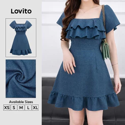 Lovito Vestido Casual Azul com Babado e Zíper para Mulheres primavera/verão DRK9P1D008