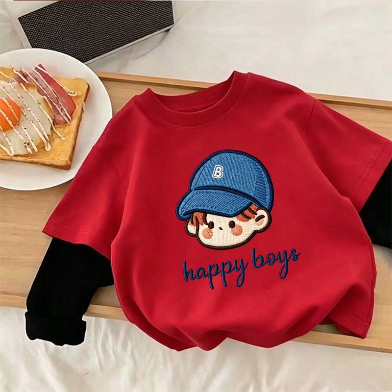 Camiseta infantil de algodão puro de manga comprida primavera outono novo estilo meninos meninas falso estilo ocidental 