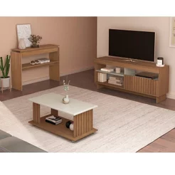Kit para Sala de Estar Rack Ripado e Aparador e Mesa de Centro City Marrom