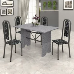 Conjunto de Mesa 120x75cm Tampo Granito com 4 Cadeiras Lavínea Cinza/Martelado Prata/Ocre/Preto Floral Martelado