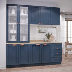 Cozinha Planejada Compacta 4 Peças com Armário Aéreo 2 Portas Vidro Arizona CabeCasa MadeiraOriginals Azul