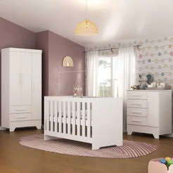 Quarto de Bebê Completo Guarda Roupa 3 Portas 2 Gavetas com Cômoda e Berço Lily Branco Branco