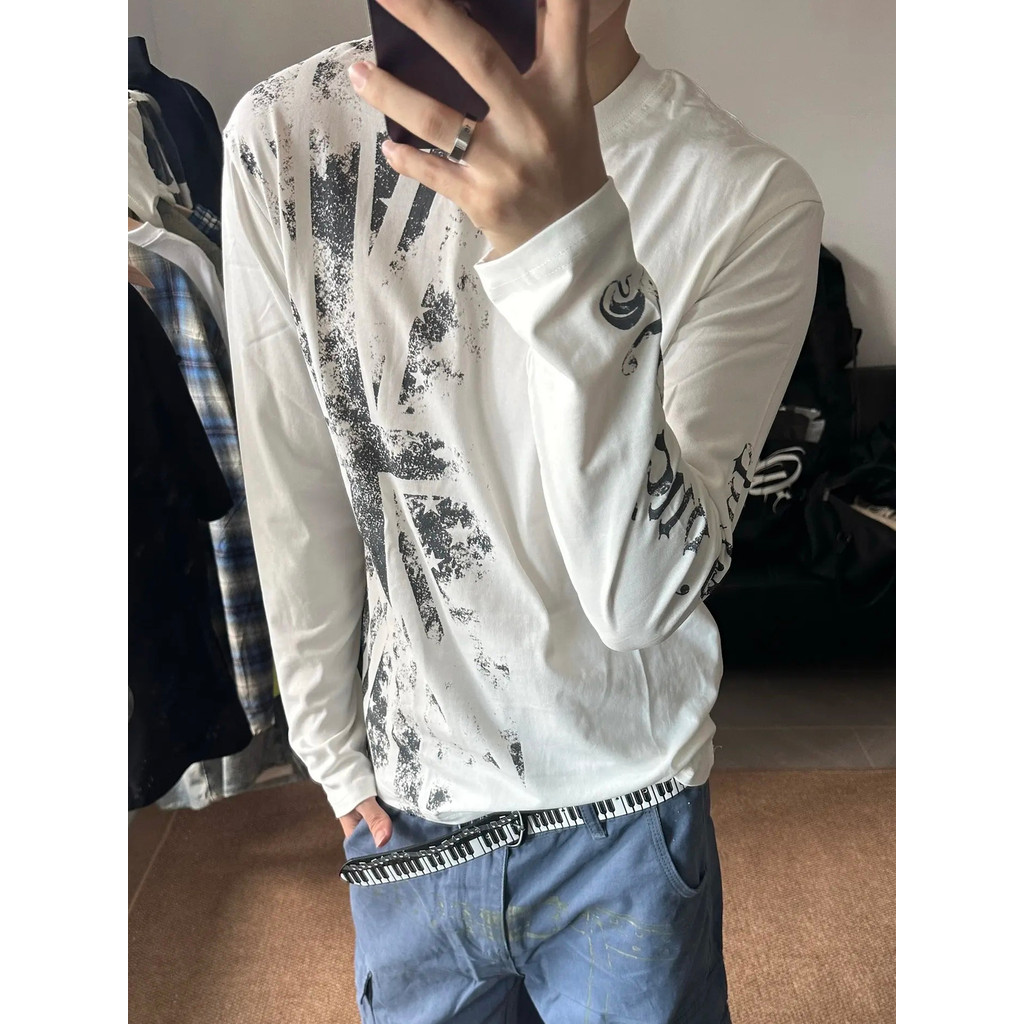 Bandeira manchada escura impressa camiseta de manga comprida masculina outono boxy nicho americano rua solta camisa de f
