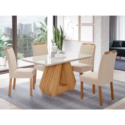 Conjunto Sala de Jantar Mesa Agata com 4 Cadeiras Paola Tampo de Vidro Retangular Marrom/Nature/Off White/Nude