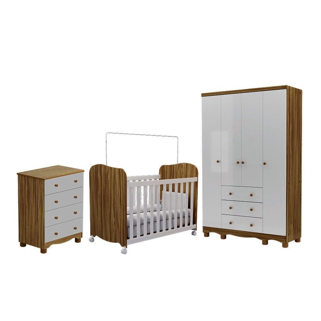 Quarto de Bebê Guarda-Roupa 4 Portas Cômoda e Berço Mimo MDF Espresso Móveis Branco Brilho/Amêndoa Branco/Amêndoa · foto 2
