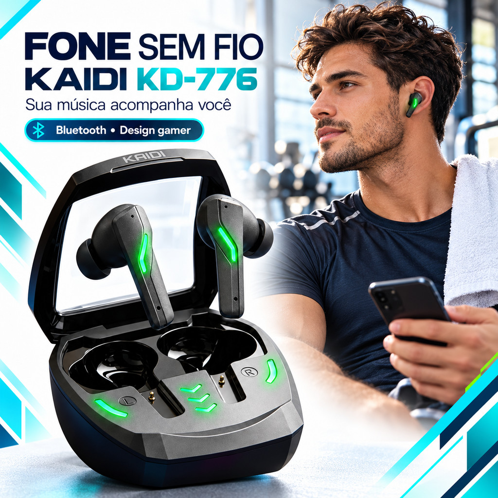 Fone de Ouvido Sem Fio Kaidi 776 Gamer Preto Bluetooth Academia Treino Led