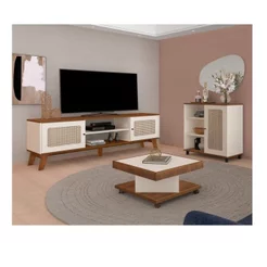 Kit 3 Peças com Rack para TV até 75 Polegadas Buffet e Mesa de Centro Memphis Saara Artely Bege