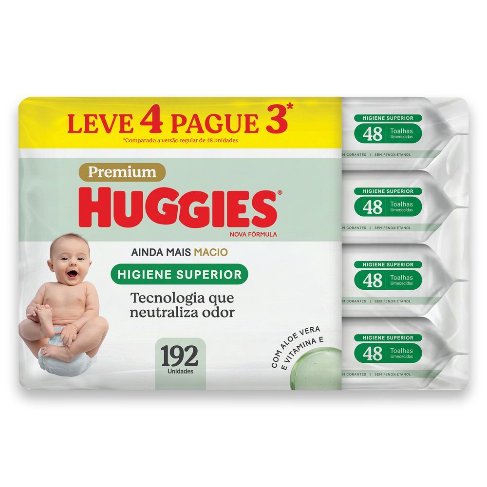 Lenços Huggies Higiene Superior Limpam 2x Mais 4 x 48 Un