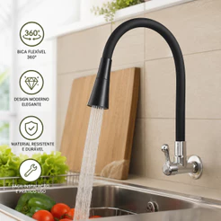 Torneira cozinha parede preta flexível Duplo Jato Cone 1/4 de Volta - Rotação 360°, Instalação na Parede