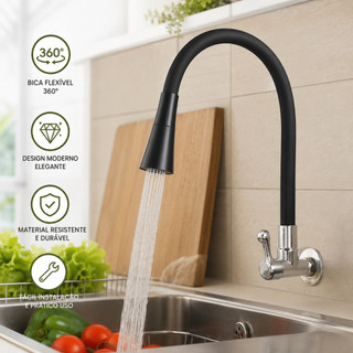 Torneira cozinha parede preta flexível Duplo Jato Cone 1/4 de Volta - Rotação 360°, Instalação na Parede