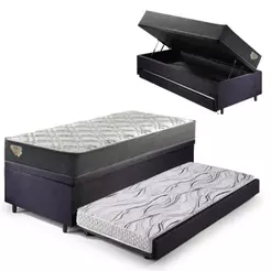 Bicama Box Baú Viúva 120x203 Suede Preto com Colchão Adapto Molas Ensacadas Ecoflex