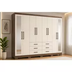 Guarda Roupa Casal 8 Portas (2 c/ Espelho) e 6 Gavetas c/ Pés Master 8.6 Jatobá/Areia - Santos Andirá