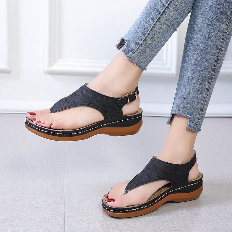 2025 verão novo estilo moda sandálias femininas Flip-Flops cunha salto grosso-sola fivela cinta estrangeira T