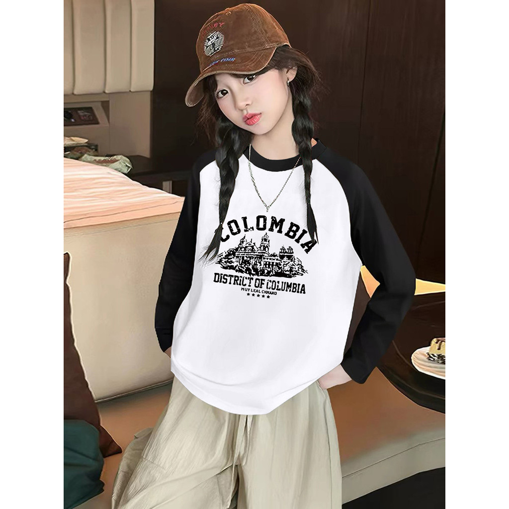 Meninas início do outono cor-bloqueando algodão puro manga comprida camiseta outono médio grande crianças camisa de fund