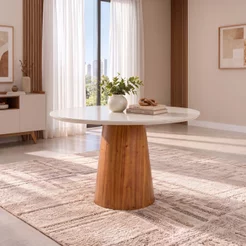 Mesa de Jantar Araçá Tampo em MDF com Vidro e Base em Madeira Branco/Off-White 120