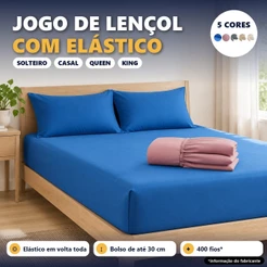 Jogo de Lençol Solteiro Casal Queen King Poliéster 400 Fios com Elástico e Fronhas Cor Azul ou Rosa