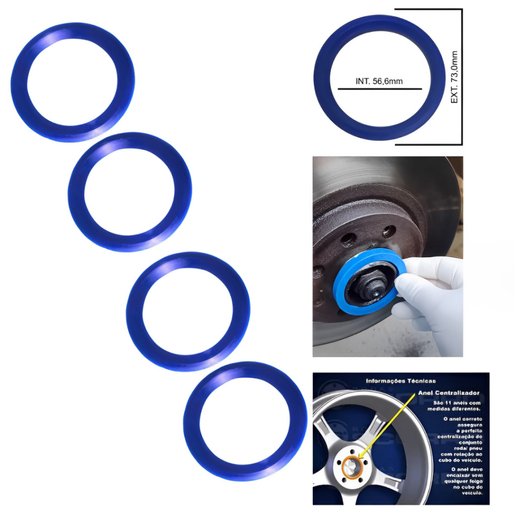 Kit 4 Anel Centralizador Azul para Carros da Linha GM Chevrolet Medida Externa: 73mm Medida Interna: GCONECT