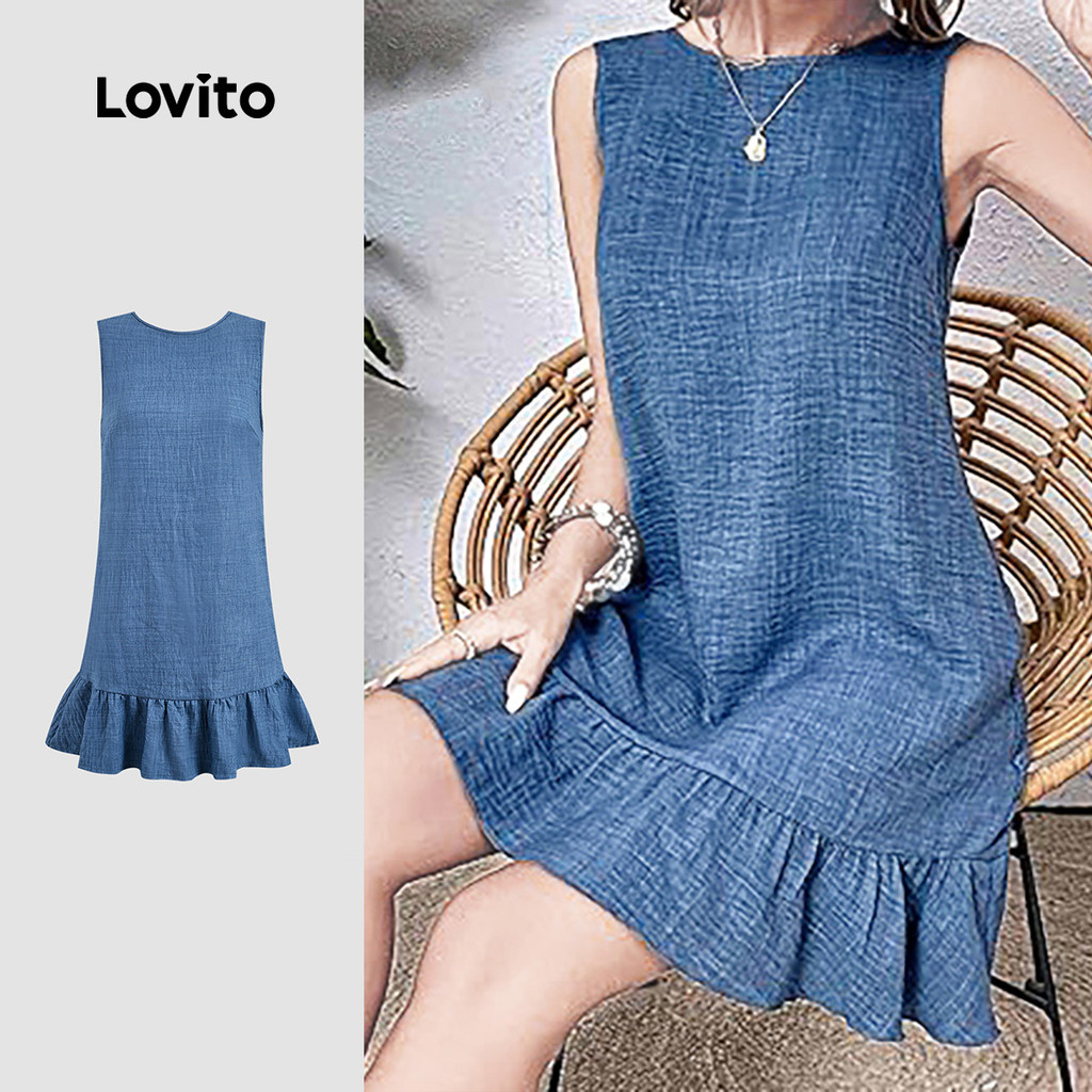 (NEW) Lovito Vestido Casual de Verão Primavera Azul com Babado Laço Nas Costas e Amarração para mulheres L155AD243