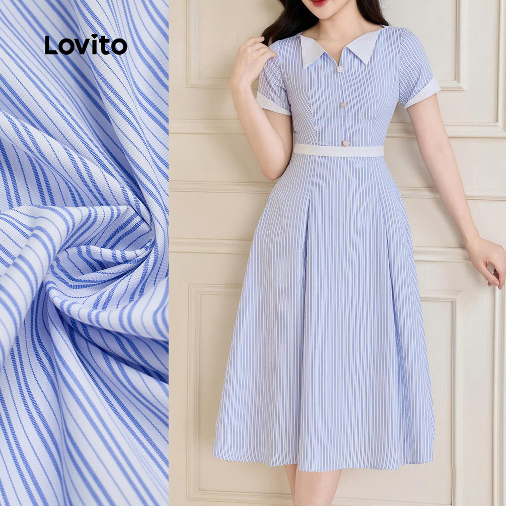 Lovito Vestido Casual de Verão/inverno com Bloco de Cores de Tecido e Costura Azul e Branco L149ED190 em Oferta na Shopee