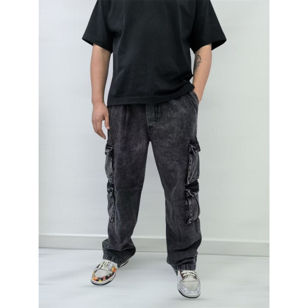 Calça Jeans Cargo Masculina Larga Streetwear 5 CORES Hip Hop Casual com Bolsos Grandes e Caimento Solto em Oferta na Shopee