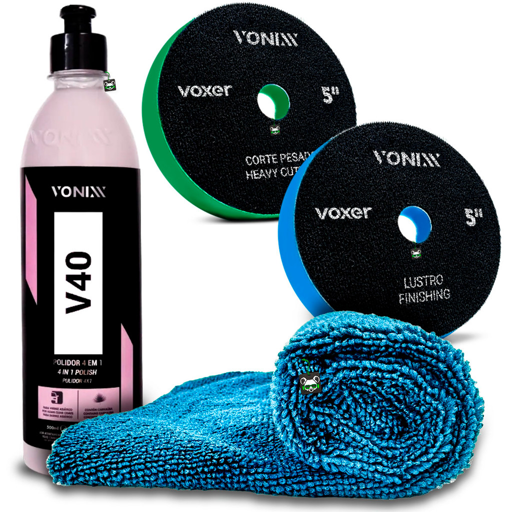 Kit Polimento 4 em 1 Corte Refino Lustro Proteção V40 500ml + 2 Boinas + Toalha Microfibra Vonixx