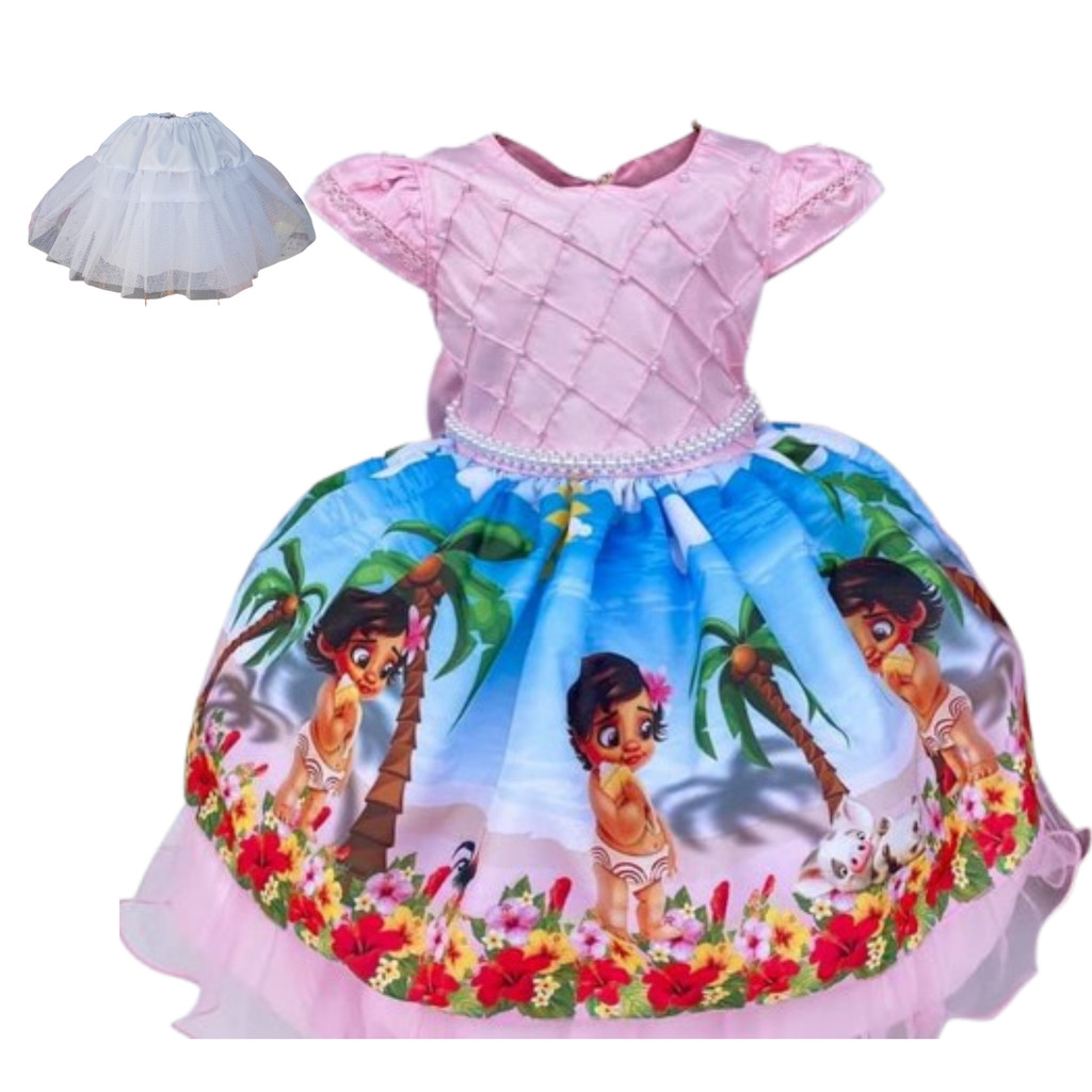 Vestido DE FESTA moana rosa festa temática personagens tamanho 1 ao 4 com saiote  dmoa
