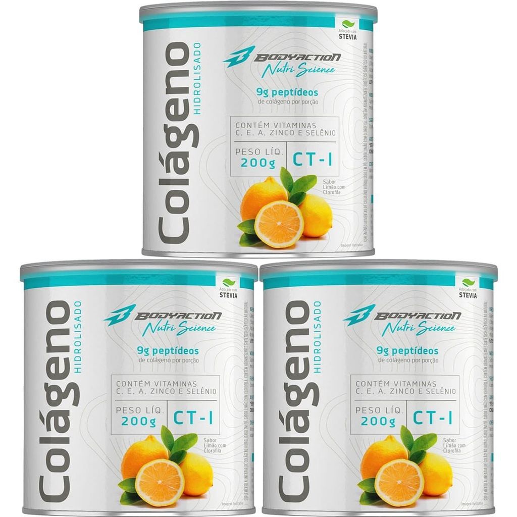 Kit 3X Colágeno Hidrolisado Nutri Science - 200g Limão com Clorofila - BodyAction