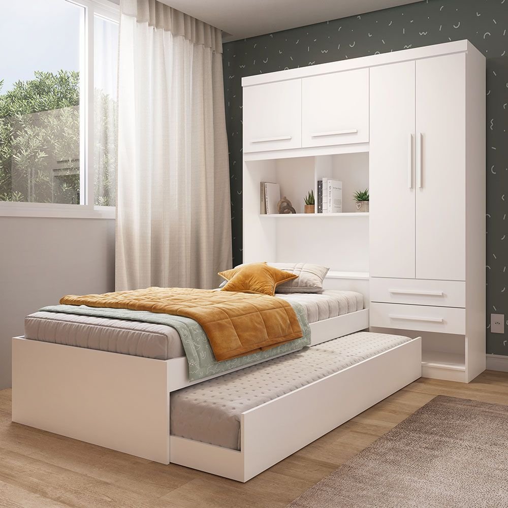 Guarda Roupa Solteiro 160cm 4 Portas 2 Gavetas Bicama e Baú Flex Color 100% MDF Milena  Branco/Rosa/Azul/Lilás em Oferta na Shopee