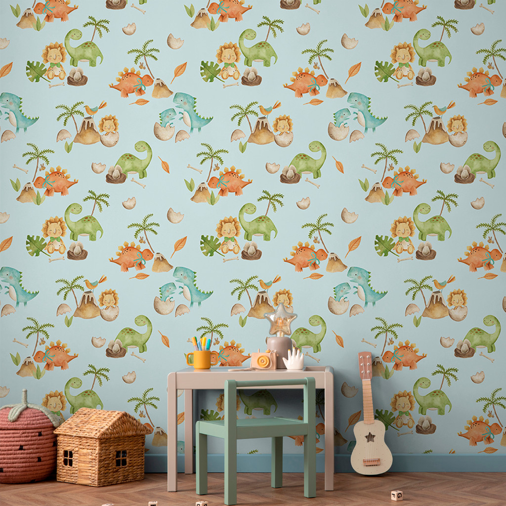 Papel de Parede Infantil Dinossauro Aquarela Azul | Quarto de Bebê Menino Auto Adesivo Decorativo Tema Dino
