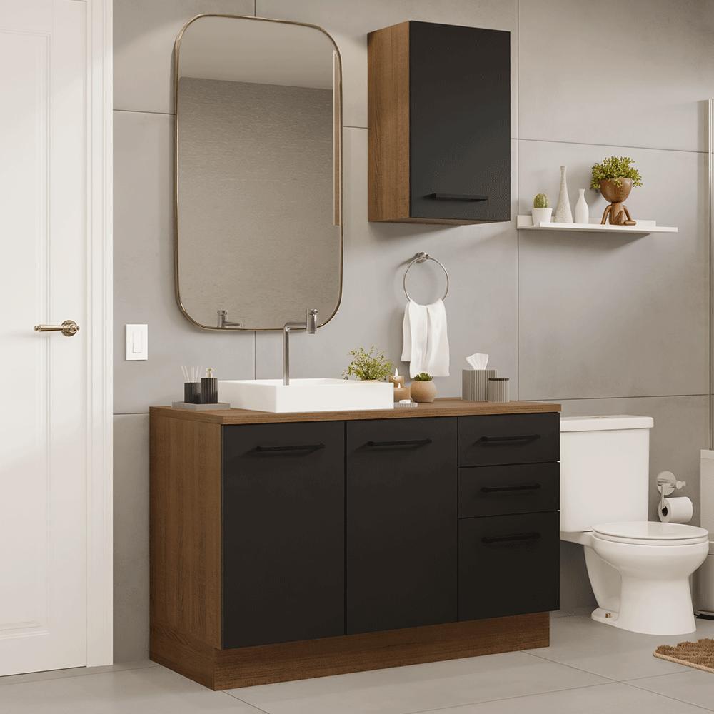 Conjunto Gabinete para Banheiro 120cm 3 Portas 3 Gavetas Rustic/Preto Agata Madesa 01