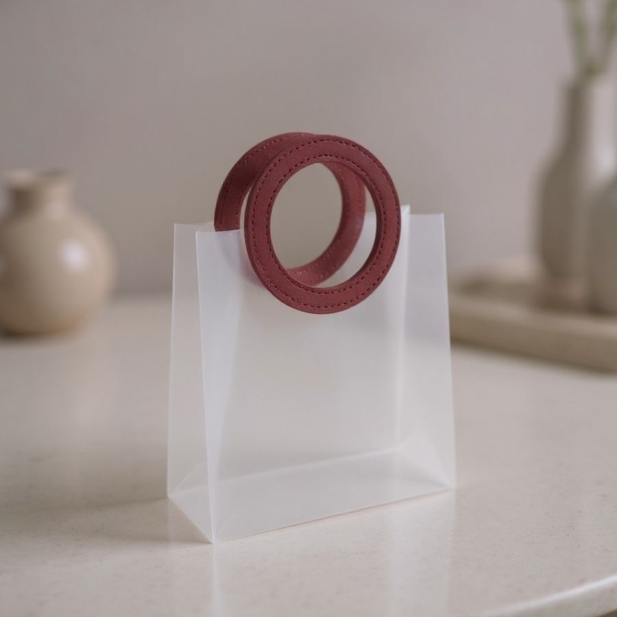 Sacola Transparente Fosca PVC com Alça Redonda de Couro Marsala - 18,5x16x8cm - 10 unidades