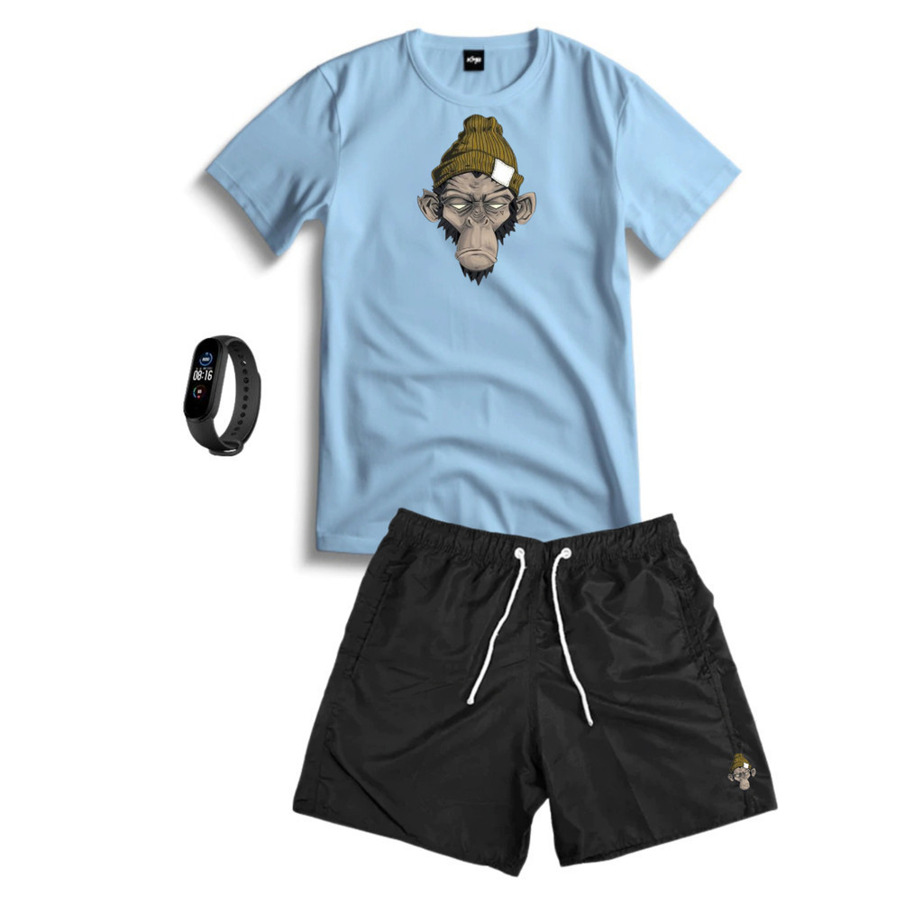 Conjunto Kit Masculino MONKEY Camisa 100% Algodão + Bermuda Tactel Estampada + Relogio Digital