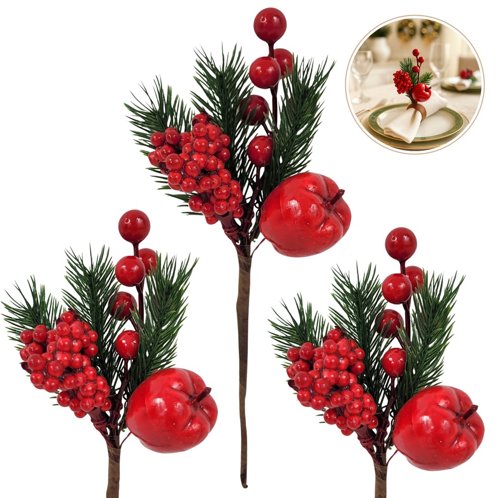 Kit 3 Folhagem De Natal Berry Cereja Maça Enfeite Natal 20cm