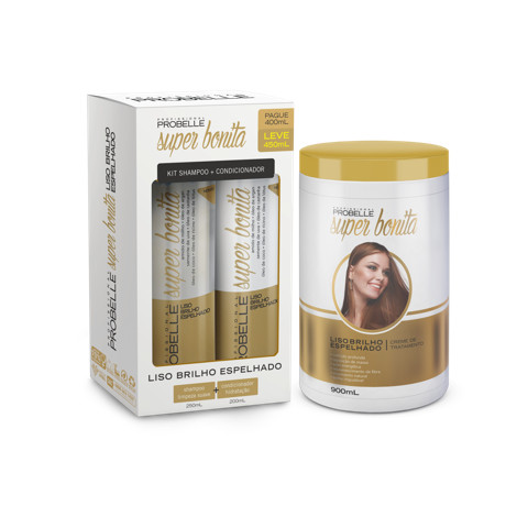 Kit Liso Brilho Espelhado PROBELLE ( shamp. + Cond. + Máscara 900g)