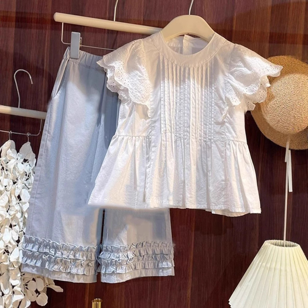 Verão meninas terno bebê moda crianças única rua Wear versão coreana camisa oca camisa do bebê rendas calças de perna la