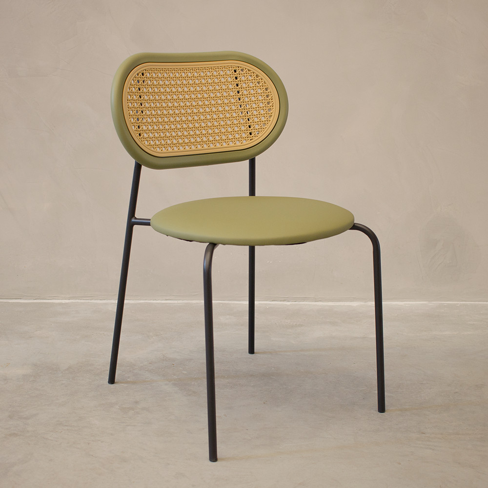Cadeira Jantar Velvet Encosto Rattan Assento Estofado Verde