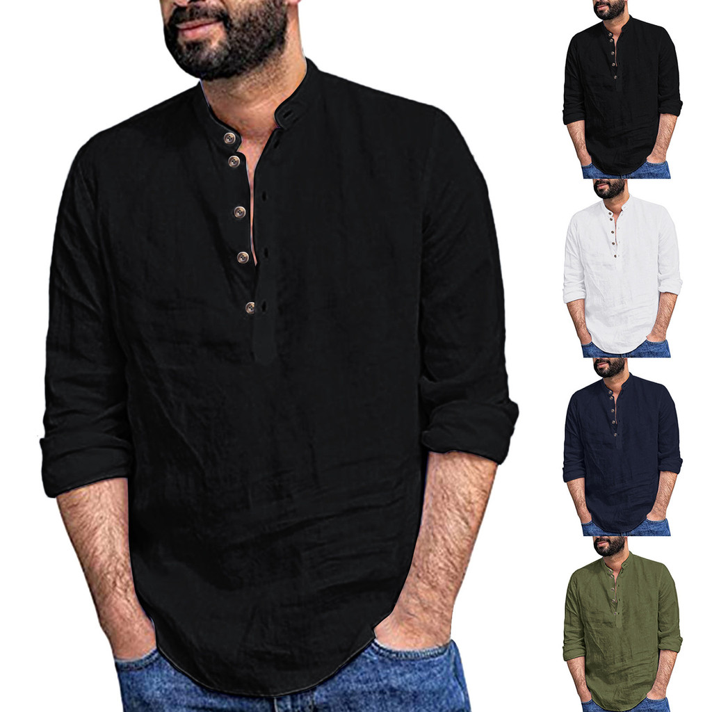 Camisa solta masculina Casual na moda gola alta algodão linho manga longa cor 20227.1