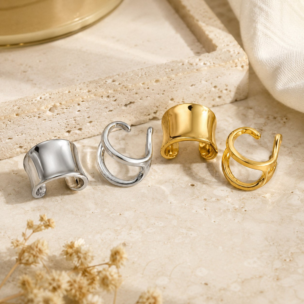Conjunto De Punho De Orelha De Arco Geométrico Dourado E Prateado Vnox Para Mulheres, 2 Peças De Clipes Sem Piercing · foto 2