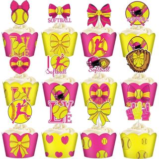 48 Peças de Enfeites para Cupcakes de Softbol, Decorações para Festas de Softbol, Tema de Aniversário e Feriado, Suprime