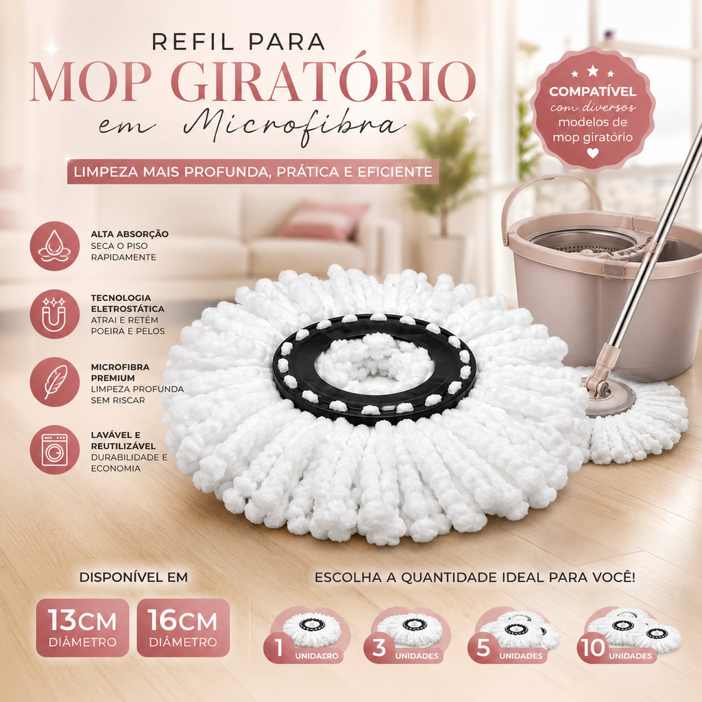 REFIL PARA MOP GIRATÓRIO 360° EM MICROFIBRA 13cm 16cm KITS COM 5 OU 10 UNIDADES