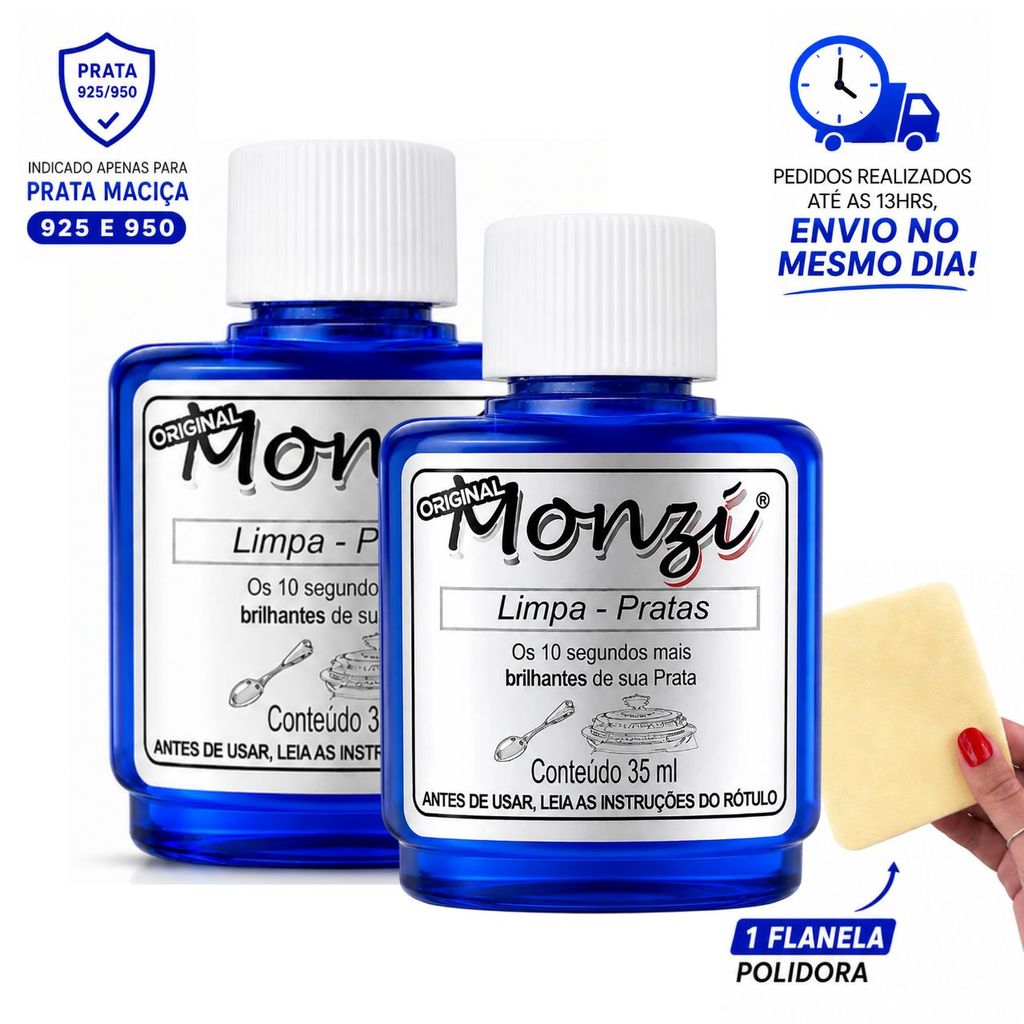 Kit 2 Limpa Prata Joias Monzi Original Frasco 35ml Flanela Mágica Dá Brilho Polimento Tira Mancha