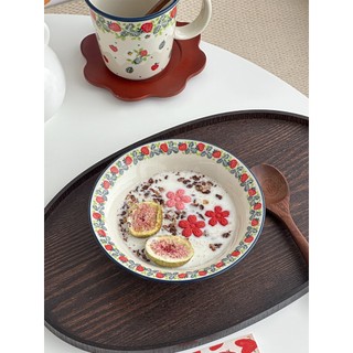 Tigela de cerâmica retrô com renda de morango, estilo ins, café da manhã, aveia, sobremesa doméstica, tigela de iogurte,