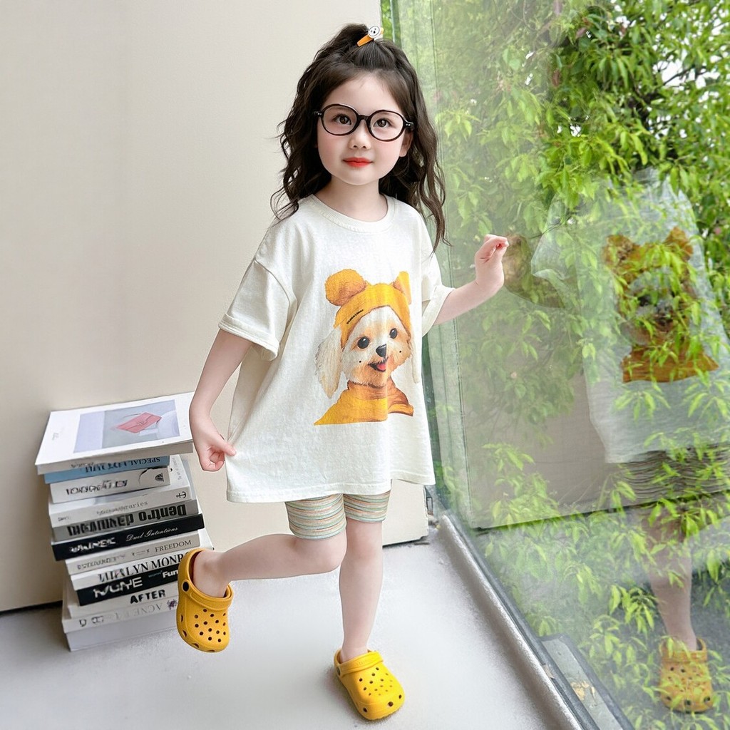 2026 verão novo estilo versão coreana solta meninas moda urso dos desenhos animados impressão crianças algodão linho de 