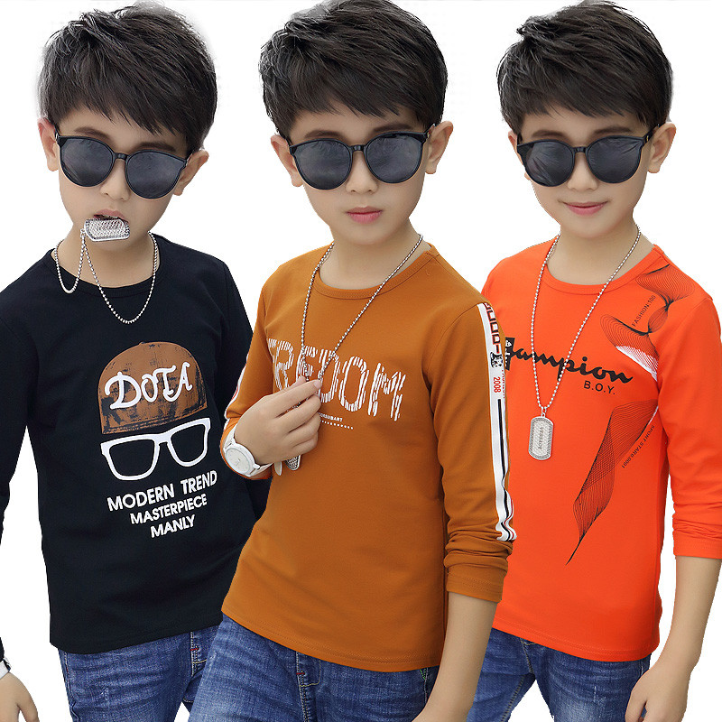 Meninos camiseta de manga comprida na moda puro algodão primavera outono 2025 novo estilo médio grande crianças versão c