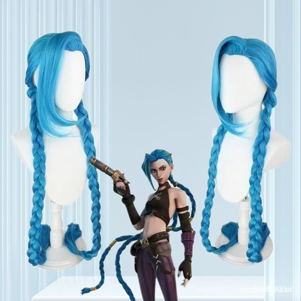 Cosplay Arcane: League of Legends Rumble Lolita Jinx Peruca de Cosplay de Anime com Couro Cabeludo Simulado Tipo Integra